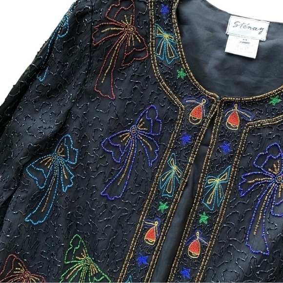 Vtg Stenay Silk Beaded Embroidered Bows Bells Cropped Formal Jacket Black Size M - Picture 3 of 8
